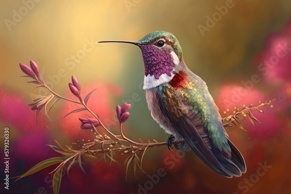 Fototapeta Hummingbird, Proud and Strutting Here, an Anna's Hummingbird strikes a posture while enjoying its nectar supplement. Its plumage features a variety of colors, including red, green, and deep brown. Bac