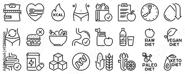 Fototapeta Line icons about diet on transparent background with editable stroke.