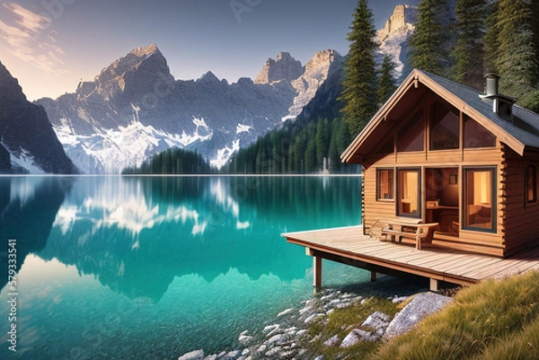 Obraz Cabin on a lake in the mountains