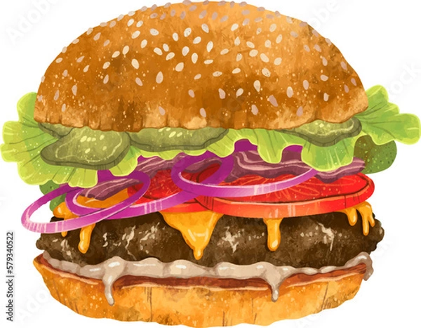 Fototapeta Drawing of a delicious burger with bacon cutlet cheese cheeseburger onion tomatoes greens sauce sesame bun