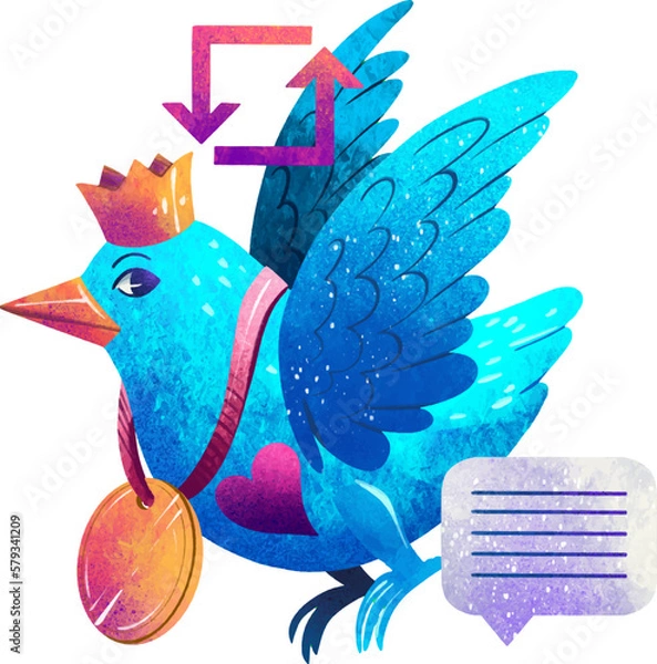Fototapeta Drawing of a blue bird messenger sign retweet message communication medal