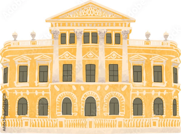 Fototapeta Drawing a building in the old classical style with columns pilasters and a portico in a naive simple style