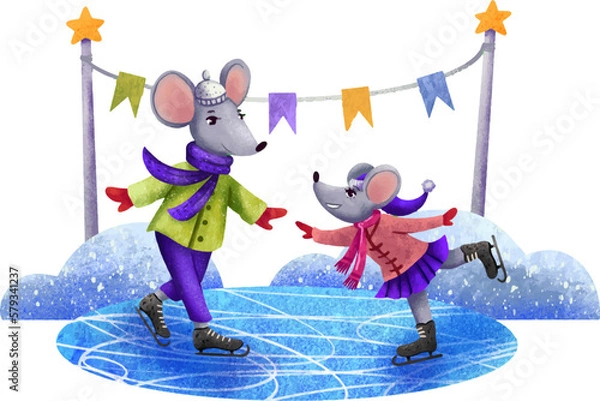 Fototapeta Drawing for children two mice dad and daughter skating on ice, holiday everything is decorated with flags the family is resting