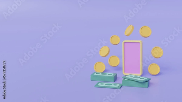 Fototapeta Mobile banking app money concept. Digital money, Mobile banking, Online wallet, transaction application, Transfer money via smartphone. Shopping with wireless pay. 3d rendering