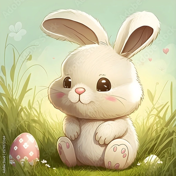 Obraz Cute cartoon easter bunny with easter eggs AI generated