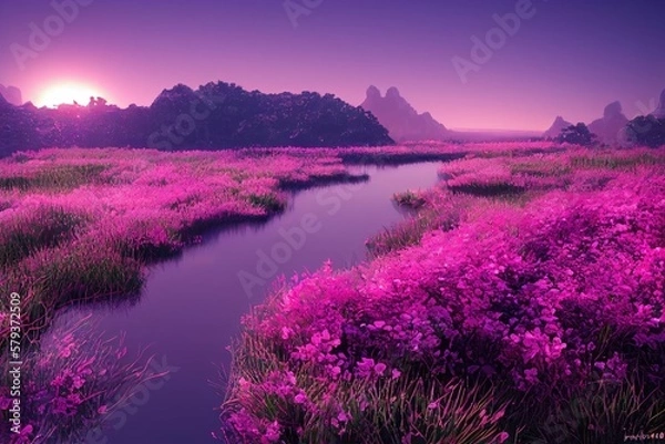 Obraz mountain landscape and the river with floral field generative ai