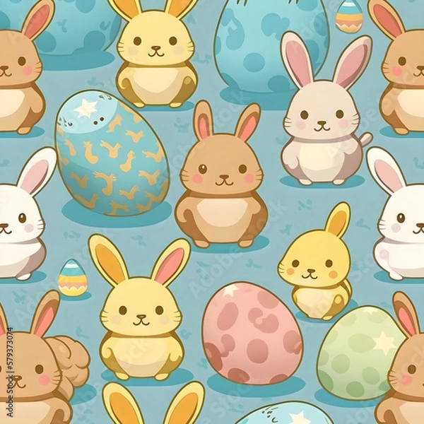Fototapeta Easter seamless pattern with easter bunnies and easter eggs