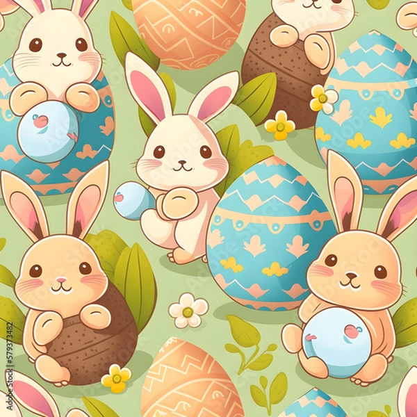 Fototapeta Easter seamless pattern with rabbits easter eggs