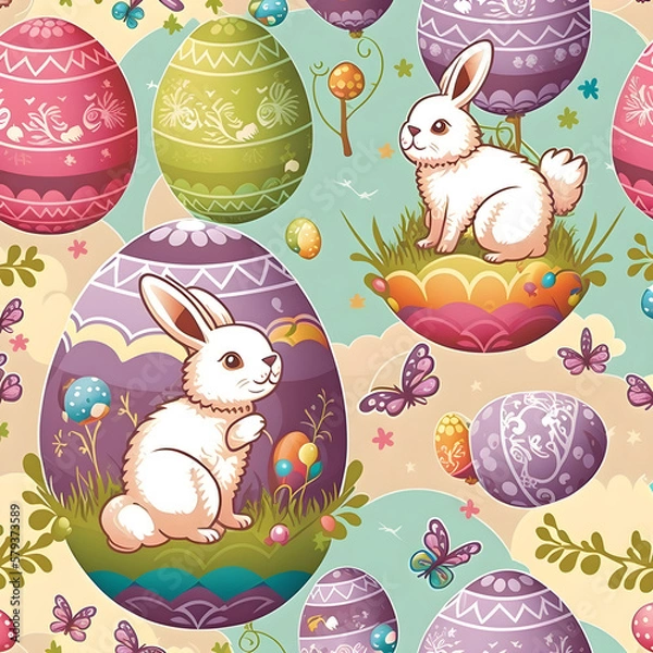 Obraz easter card with easter eggs and easter bunny AI generated
