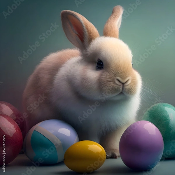 Fototapeta Easter bunny with colored easter eggs AI generated
