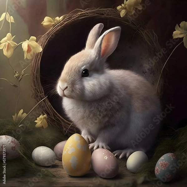 Fototapeta Easter bunny with easter eggs AI generated
