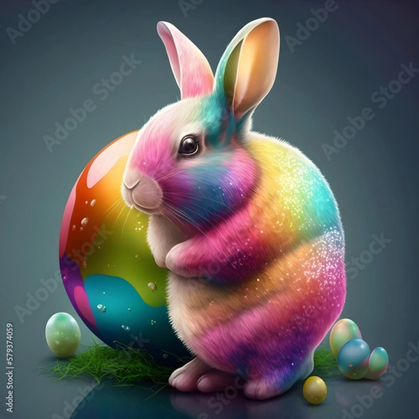 Fototapeta Colored easter rabbit with colored easter eggs AI generated