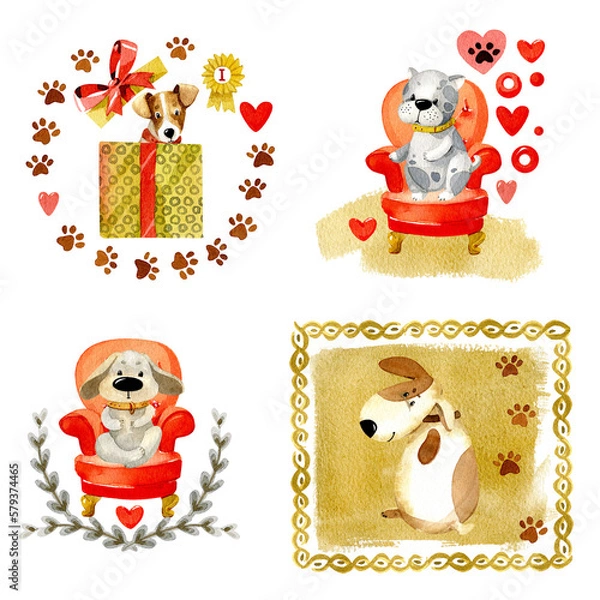 Fototapeta Set of cute dog portrait. Cartoon dogs in different frames, with a watercolor background. Watercolor animal illustration, isolated on a white background.
