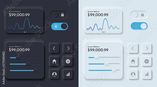 Obraz Neumorphism UI elements digital finance, dark and light modes, white and black design for smart technology and applications. 