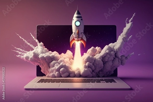 Fototapeta Digital illustration of laptop and rocket, purple background. Generative AI