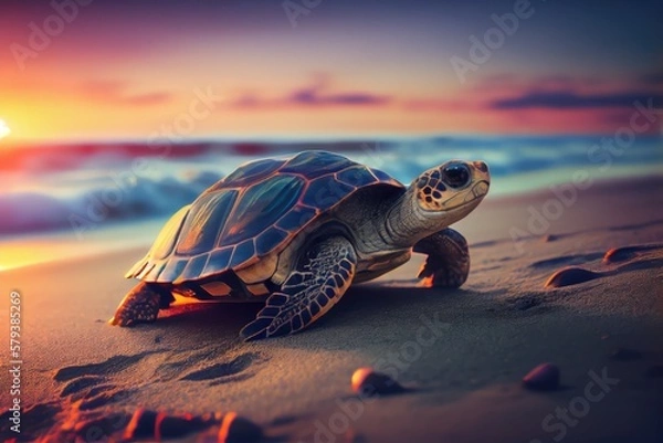 Obraz Beautiful sea turtle on the beach in sunset, made with generated ai