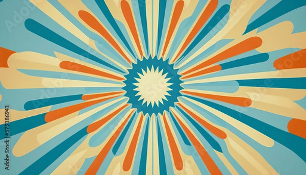 Fototapeta Starburst sunburst background pattern in blue vintage color palette, with orange, red, beige, and peach spiral or swirl radial stripes | AI Generated
