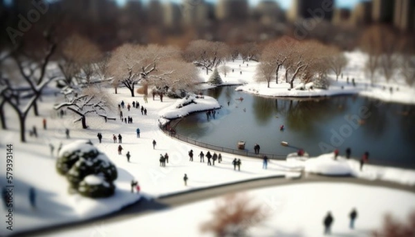 Obraz central park tilt shift aerial view in winter generative ai