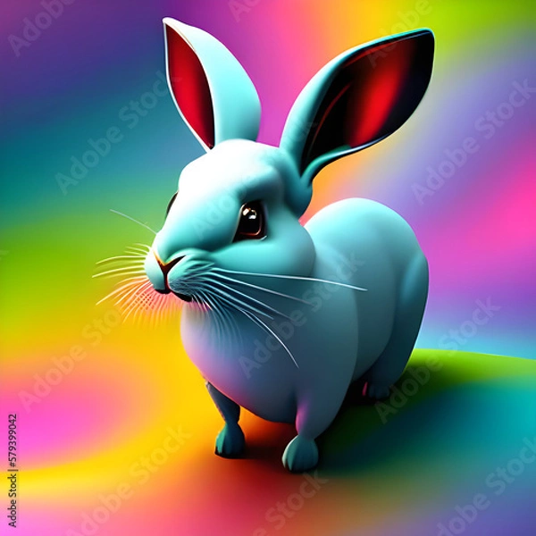 Obraz 3d Easter blue bunny with white big ears on colorful abstract background. Generative AI