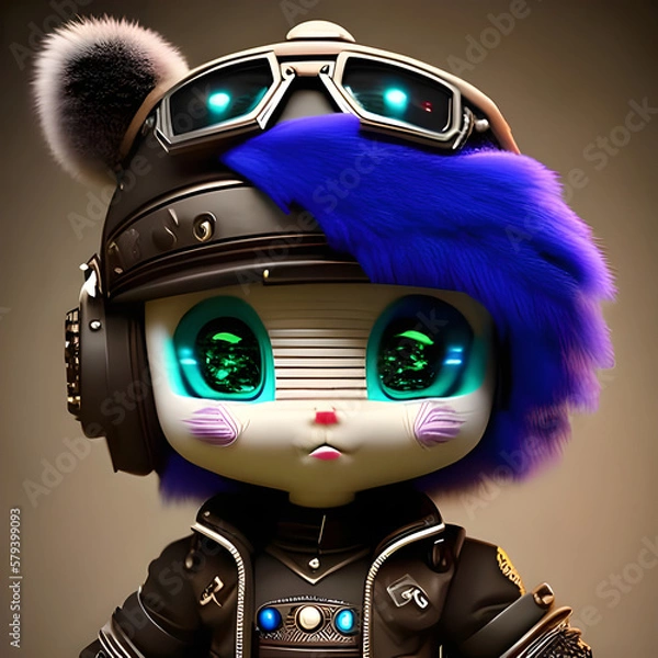 Obraz Illustrated character with big eyes, blue hair, helmet and glasses on a gray background. Generative AI