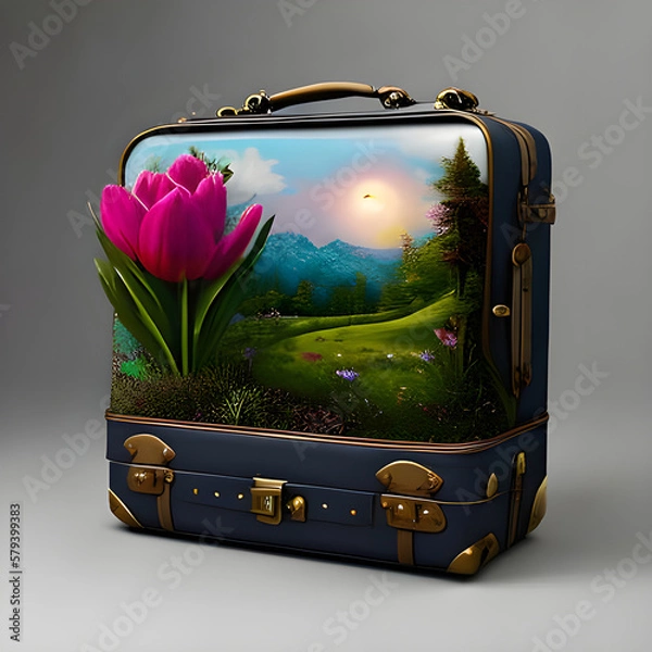 Obraz A dark 3D blue suitcase that has a design of a beautiful spring landscape and 3D tulips sticking out on a gray background. Generative AI