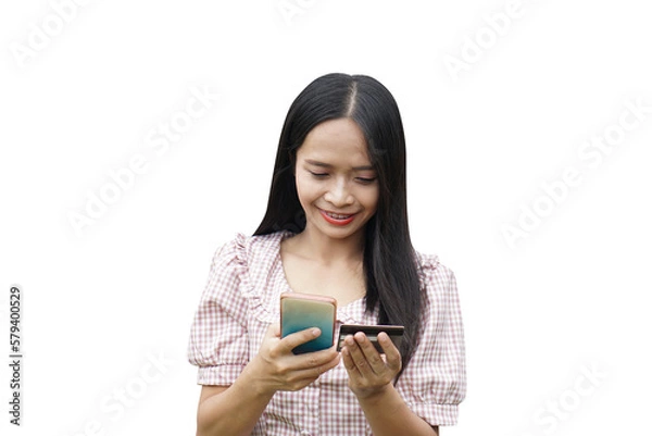 Obraz Asian woman using phone to shop online