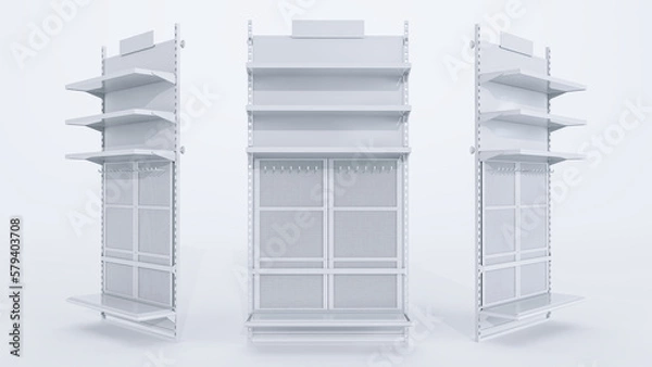 Obraz white empty store shelves isolated on white background, showcase racks, 3D render