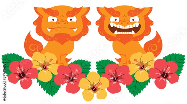 Obraz シーサーとハイビスカス