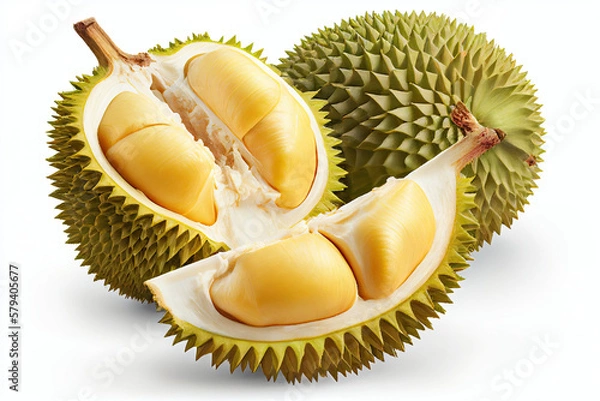 Fototapeta Close-up view of durian fruit isolated on white background. Created with generative AI technology.