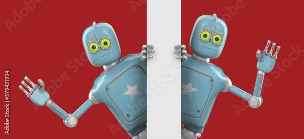 Fototapeta Robot Cartoon funny 3D   render - wave your hand to greet, isolate on orange