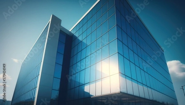 Obraz A sleek and modern office building with a glass façade reflecting the bright blue sky. The scene is bathed in bright, natural light, creating an open and airy atmosphere. generative ai
