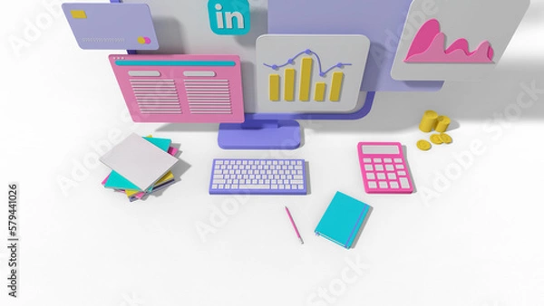 Obraz Finance statistics Data and Analytics Software Laptop Application,3D render,Business technology wireless,computer graphic