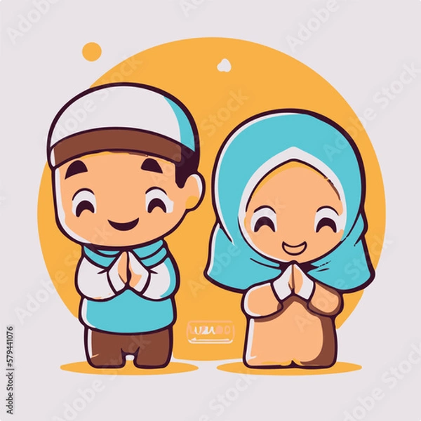 Obraz Vector cute boy and girl moslem icon illustration