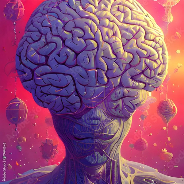 Obraz a monster with a big brain without eyes in an unknown world with flying objects. Generative AI