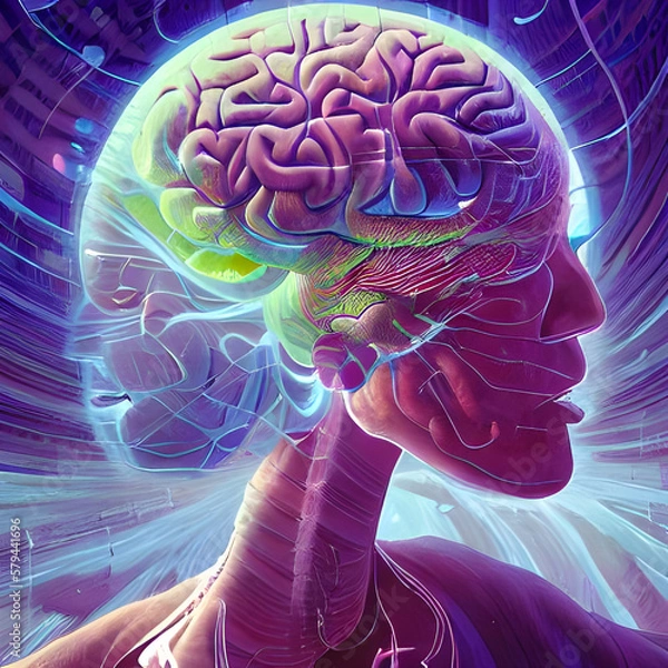 Obraz a two-headed person with a brain and a neon light. Generative AI