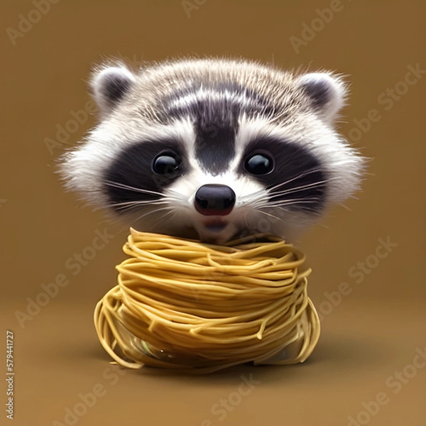 Obraz funny cute 3d raccoon with big eyes tangled in spaghetti. Generative AI