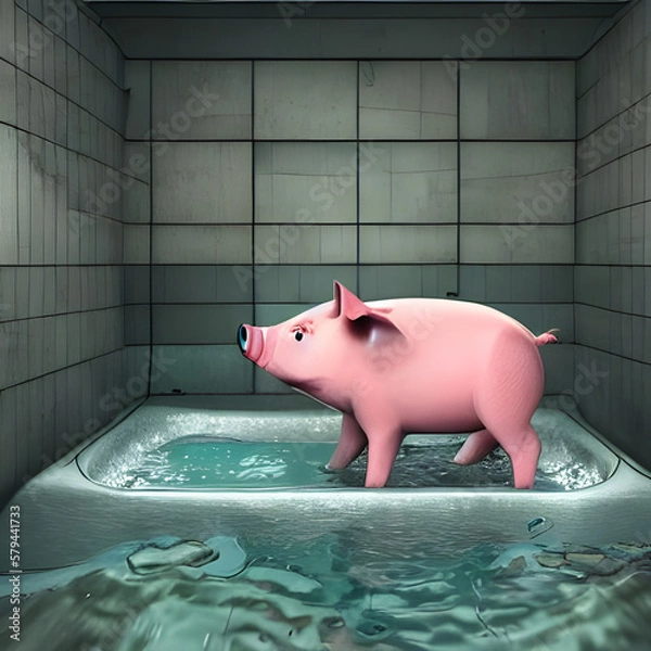Obraz a pink pig bathing in the water in a room. Generative AI