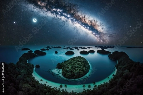 Fototapeta From above, the tropical islands of Palau and the Pacific Ocean are a sight to behold. The Milky Way over Palau. Generative AI