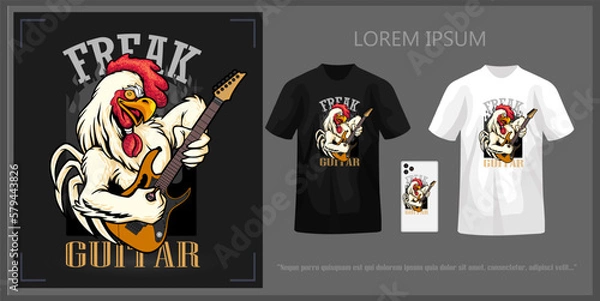Fototapeta T-shirt design featuring a rooster playing guitar complete with mockup.