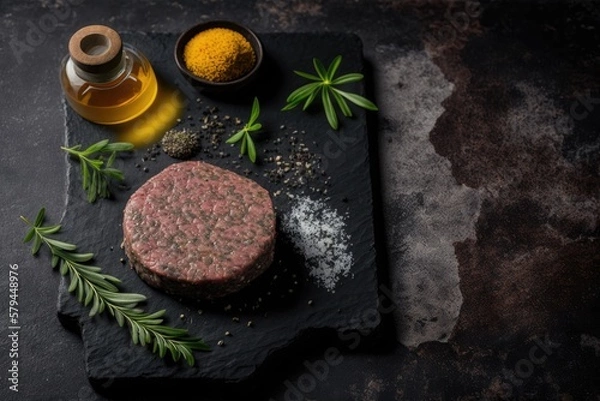 Fototapeta Beef patty cutlets made from raw ground beef. Olive oil as a backdrop for a meat and burger cooking scene. writing space over herb spice arrangement and black stone concrete table. Generative AI