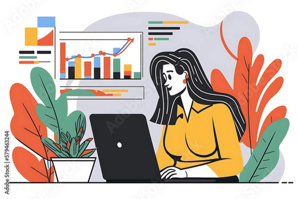 Fototapeta Flat vector illustration Happy data analysis or businesswoman on laptop for successful business meeting, investment strategy or corporate financial planning. Collaboration, smiles or teamwork when ana