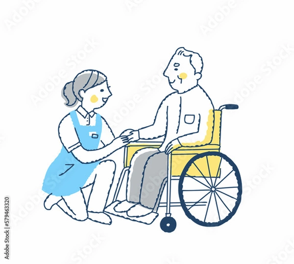 Fototapeta 笑顔で話す車いすのシニア男性と介護スタッフ