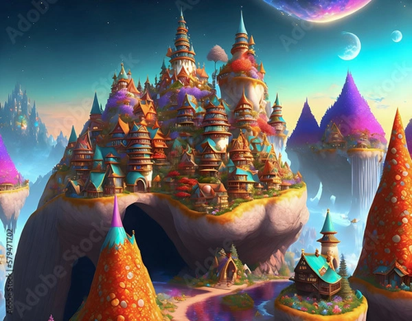 Fototapeta Steampunk fantasy colorful city in the sky. Generative AI