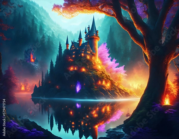 Fototapeta Steampunk fantasy colorful city on the lake. Generative AI