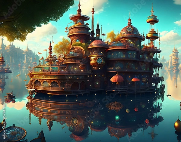 Fototapeta Steampunk fantasy colorful city on the water. Generative AI