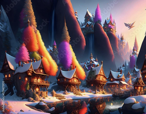 Fototapeta Steampunk fantasy colorful city in the mountain. Generative AI