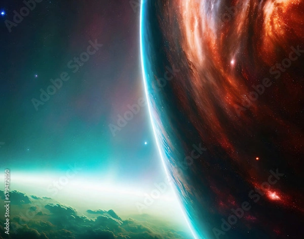 Fototapeta Planet in space during colorful and luminescent storm