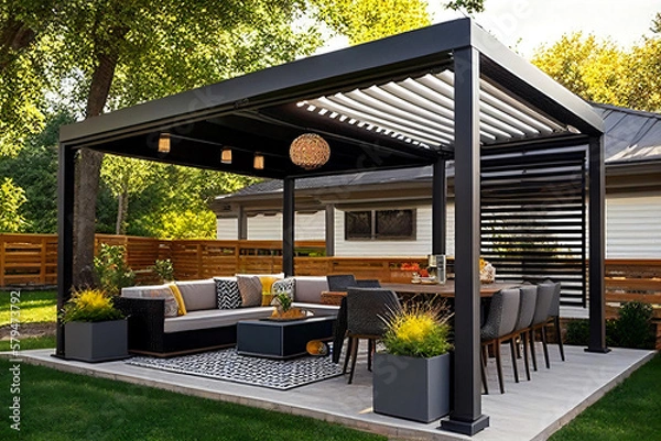 Fototapeta Modern patio furniture includes a pergola shade structure, an awning, a patio roof, a dining table, seats, and a metal grill. Generative AI	