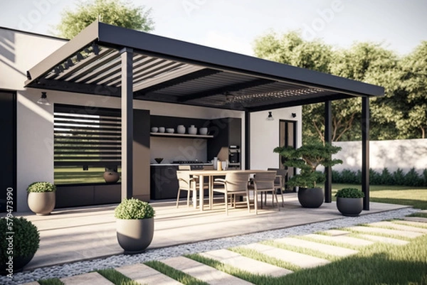 Fototapeta Modern patio furniture includes a pergola shade structure, an awning, a patio roof, a dining table, seats, and a metal grill. Generative AI