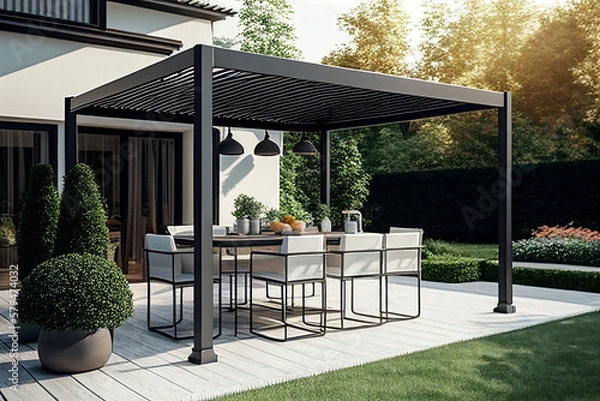 Fototapeta Modern patio furniture includes a pergola shade structure, an awning, a patio roof, a dining table, seats, and a metal grill. Generative AI